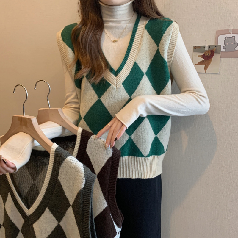 菱形提花毛衣背心女 设计感撞色v领针织坎肩跨境宽松休闲无袖马甲