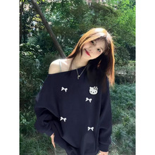 藏青色Kitty猫露肩长袖卫衣女秋冬季新款美式宽松辣妹风斜肩上衣