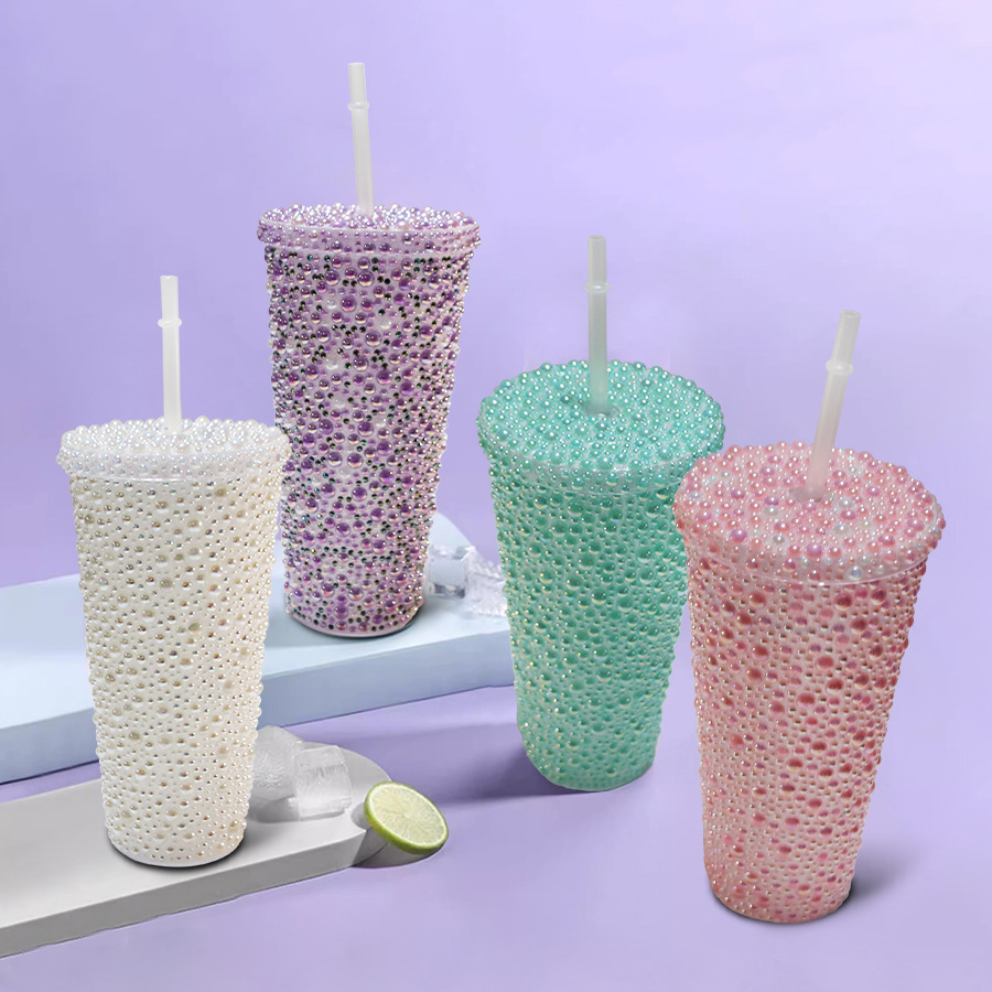 Vaso de agua adelgazante con incrustaciones de diamantes de imitación, vaso de doble capa para bebidas frías, vaso con pajita de diamantes de imitación de alto valor, vaso de agua creativo de gran capacidad con diamantes de imitación.
