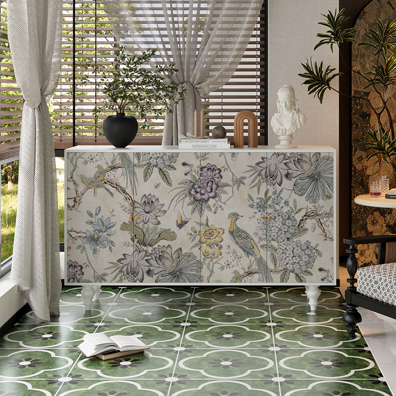 Solid Wood French Abstract Art Entrance Cabinet Painted Sideboard Living Room B&B Storage Cabinet Bedroom Storage Cabinet