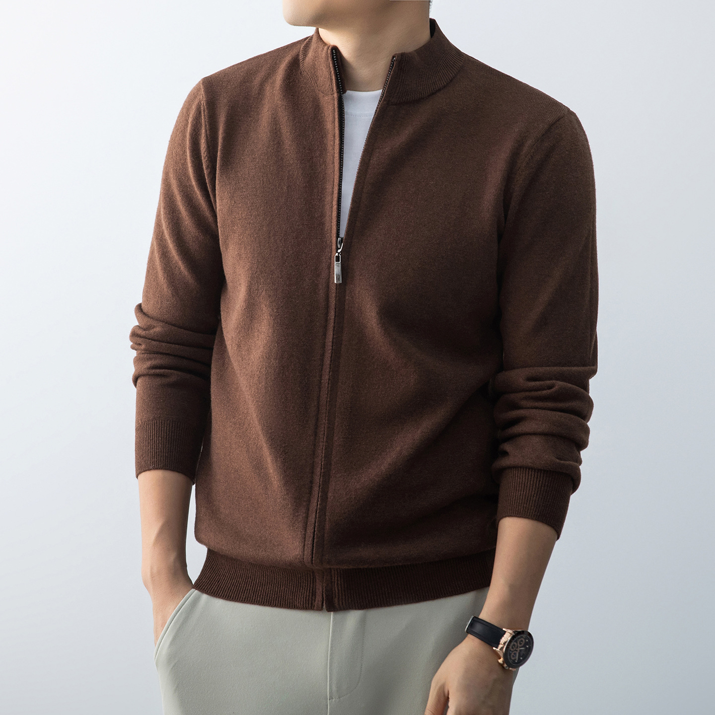 Commuting Casual New Men's Knitwear Spring and Autum Cardigan Stand Collar Long-Sleeved Jacket Pure Color Simple Outer Sweater