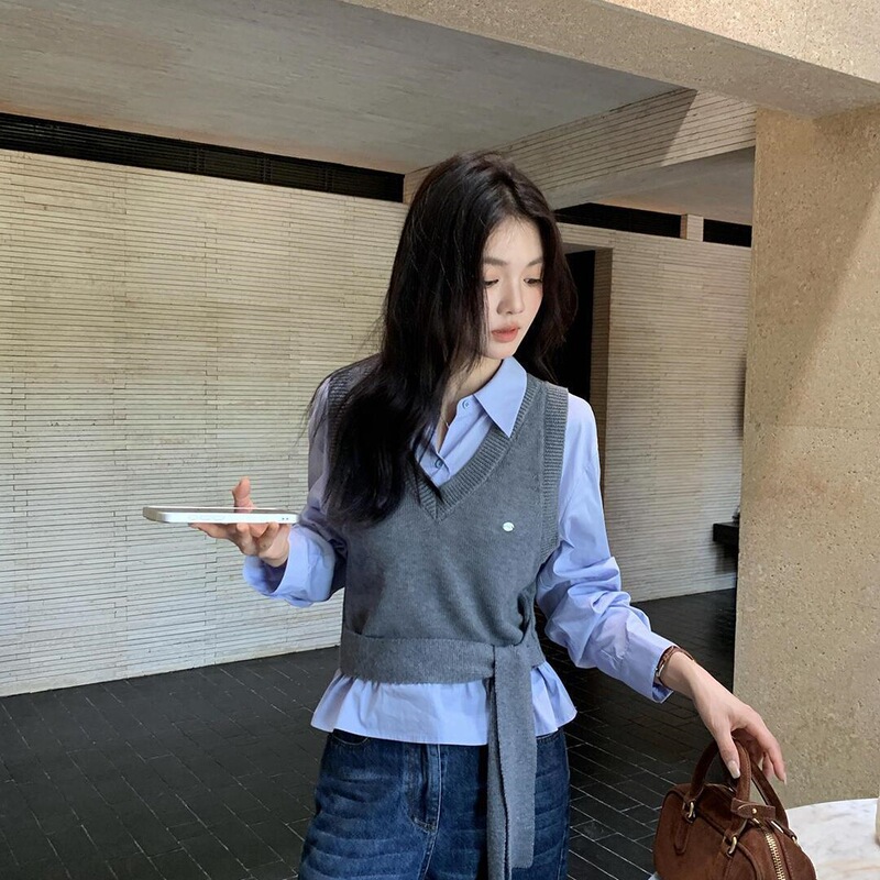 2025秋装新款针织马甲外穿遮肉叠穿韩系polo领衬衫学院风两件套女|undefined