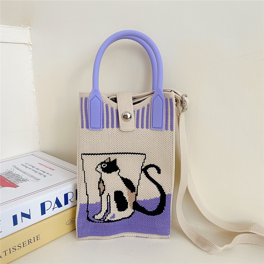 108g Weight Polyester Lining Material Buckle Closure Type Top Handle Strap Type Handbag Bags Type Casual, Daily Occasion Knit Material Cat Pattern All Seasons Season Women's Gender Vintage Style, Classic Style Style Bucket Shape Small Size Women's Small Knit Cat Vintage Style Classic Style Bucket Buckle Handbag 36