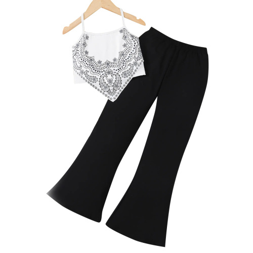 Girls' 2024 Summer Cross-Border European & American-Style Halterneck Sleeveless Irregular Retro Print Flared Pants Two-Piece Set