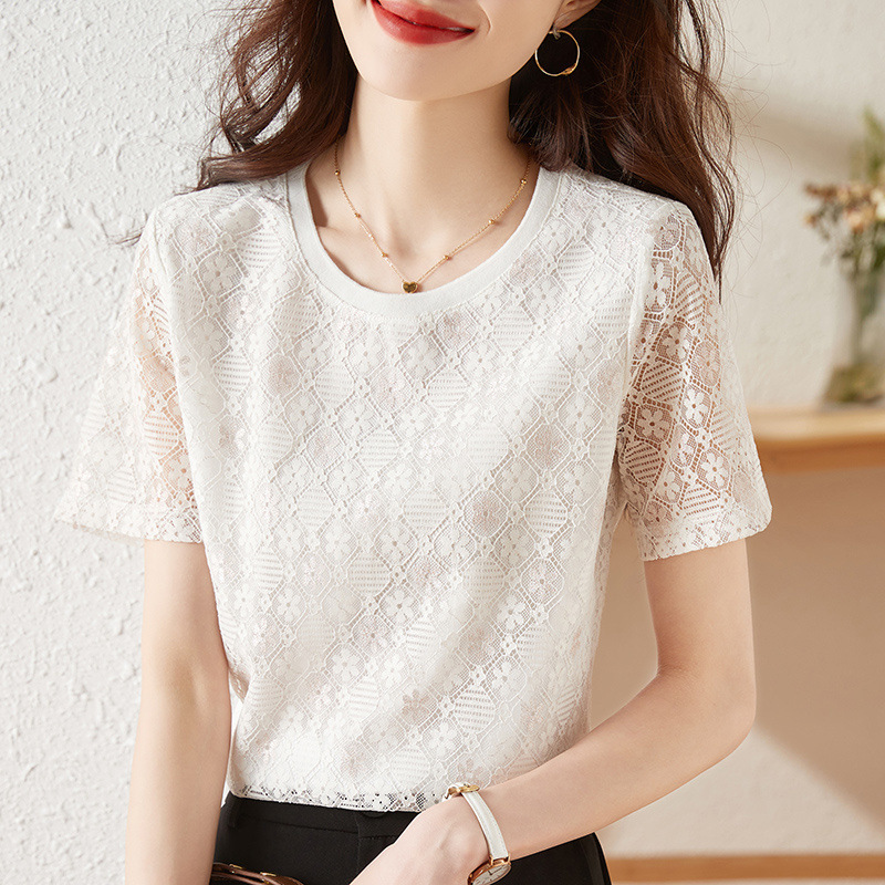 Lace Short-sleeved T-shirt Women's 2024 New Summer Design Sense Niche Loose Slimming Chiffon Small Shirt White Top