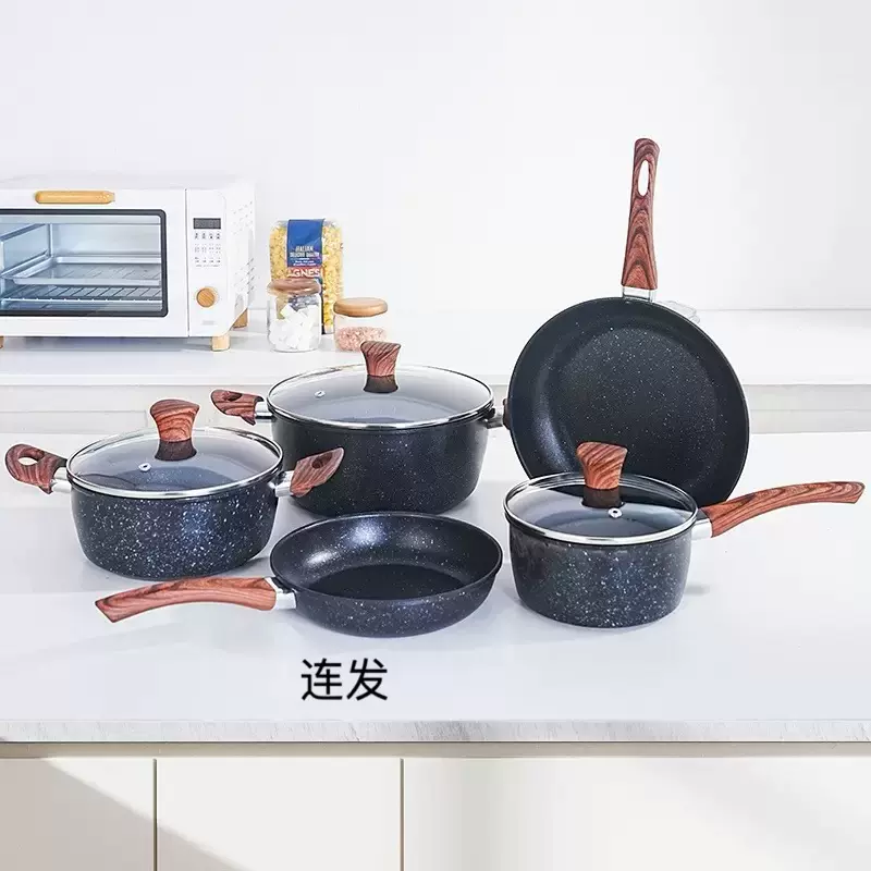 厂家批发非洲外贸跨境麦饭石套锅木纹柄奶锅汤锅烹饪不粘锅具套装