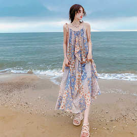 蓝色沙滩度假连衣裙三亚泰国海边雪纺吊带裙宽松2023夏季