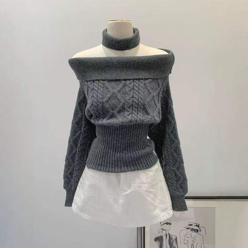 Autumn and Winter Slim-Fit Waist-Cinching Off-Shoulder Knit Pullover Top with a High-End Feel, Sexy One-Shoulder Sweater Jacket for Women