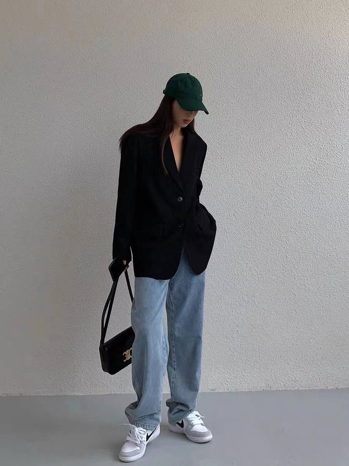 Áo blazer nữ dáng suông cổ vest hai nút tay dài phong cách Hàn Quốc — Màu đen [mẫu chất lượng cao], Nâu, màu xanh đậm, màu xám đậm chi tiết 5