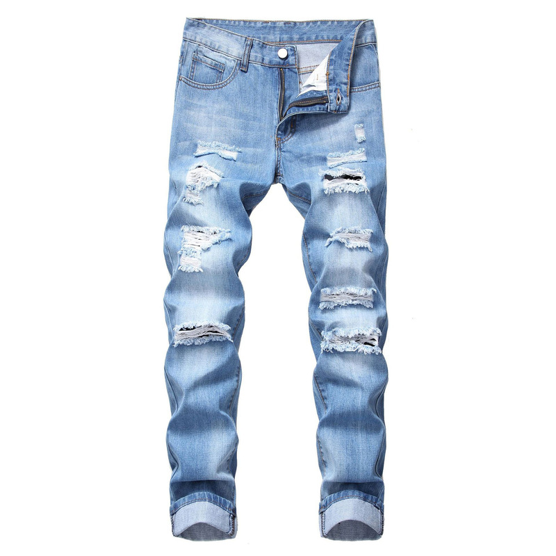 Cross-border Men's Ripped Straight Slim-fit Non-elastic Jeans Ripped Men's Amazon North American Pants