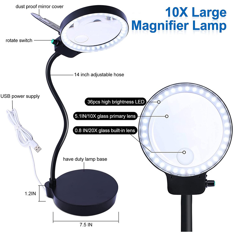 3倍10倍台灯式放大镜36颗LED可调光USB供电看书刺绣古董字画鉴赏