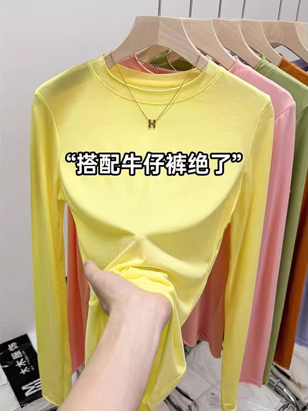 糖果色t恤女圆领轻薄微透上衣女夏季新款长袖防晒衫修身面膜上衣|undefined