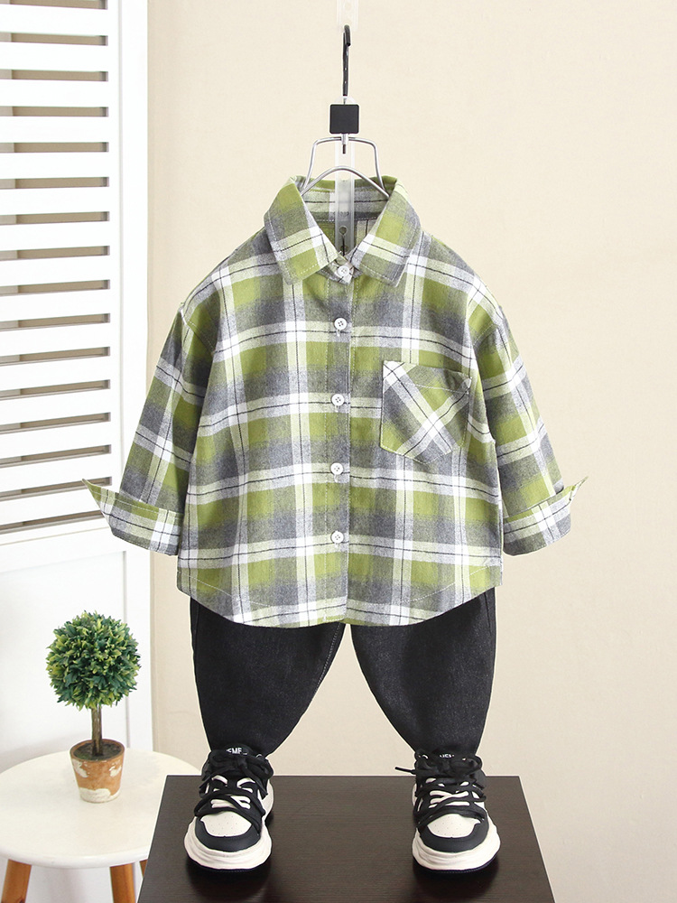 5843 Camisa para niños Camisa a cuadros de otoño para niños 2025 nuevo bebé primavera y otoño abrigo fino para niños