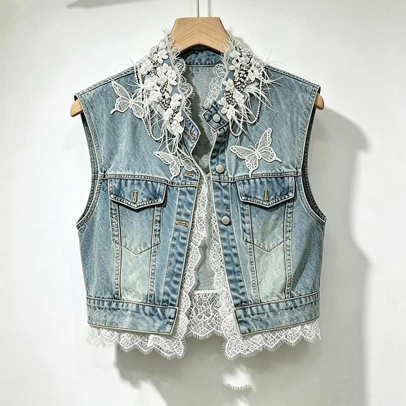 2026 primavera y verano nuevo estilo retro mano cuentas de clavos plumas encaje empalmado chaleco de vaquín camisa de mujer clip de marea image 5