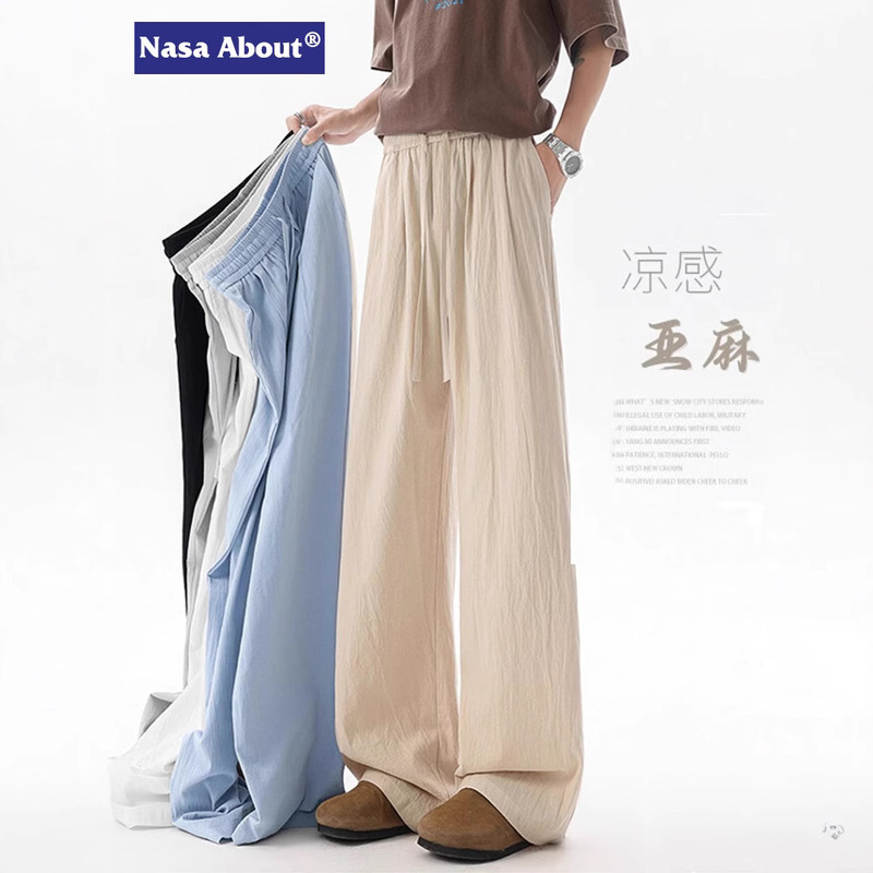 NASA Linen Pants Men's Summer Thin Breathable Comfortable Textured Straight-Leg Wide-Leg Machete Pants Cotton and Linen Casual Pants