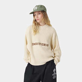 EME字母跨境街头圆领毛衣男女宽松套头衫休闲复古原宿针织衫秋冬