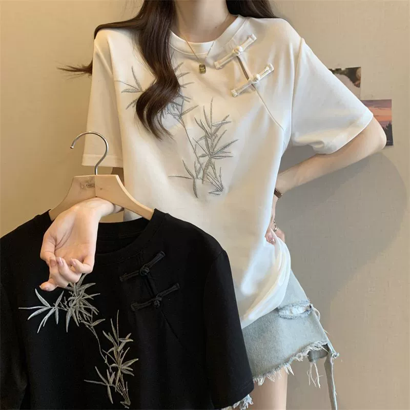 Новый китайский стиль бамбука с вышивкой пуговицы с короткими рукавами футболка женская летняя 2024 новая свободная тонкая топ большого размера