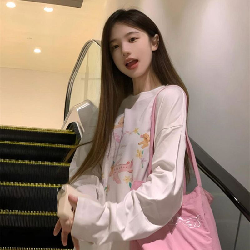 潮牌印花圆领长袖T恤女棉白色打底早秋冬内搭oversize上衣|undefined