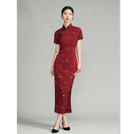 复古国风仿醋酸提花长款短袖旗袍2025春夏新款修身显瘦红色旗袍裙