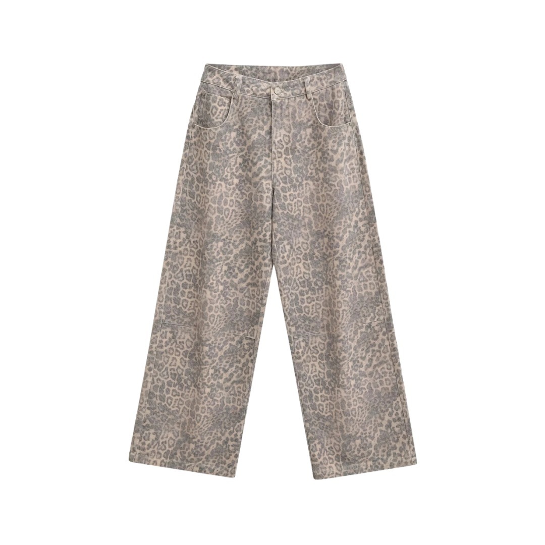 复古秋季水洗宽松直筒低腰豹纹裤女欧美风设计感辣妹休闲阔腿长裤