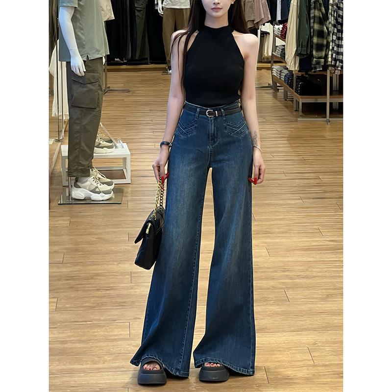 设计感高腰不贴腿喇叭牛仔裤女2025秋季新款百搭遮肉显瘦阔腿长裤|undefined