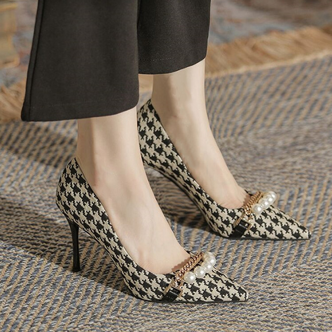 Houndstooth High-Heeled Shoes for Women 2026 Spring and Summer New Style Pearl Professional Work Shoes for Women Elegant Ladylike Stiletto Shoes