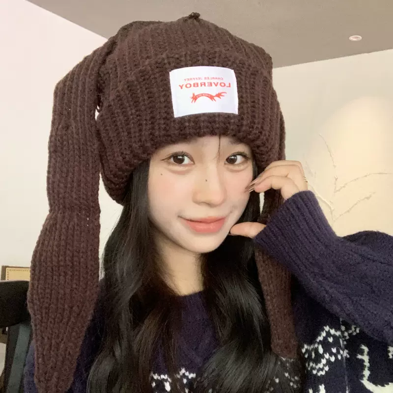 韩国潮牌设计款小众个性兔耳朵毛线帽子女秋冬季保暖护耳帽针织帽