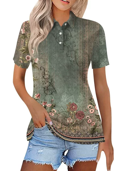2026 New Amazon Cross-Border European and American Women's T-Shirt, Fashionable Casual Color Gradient Short-Sleeved Button-Down Polo Shirt