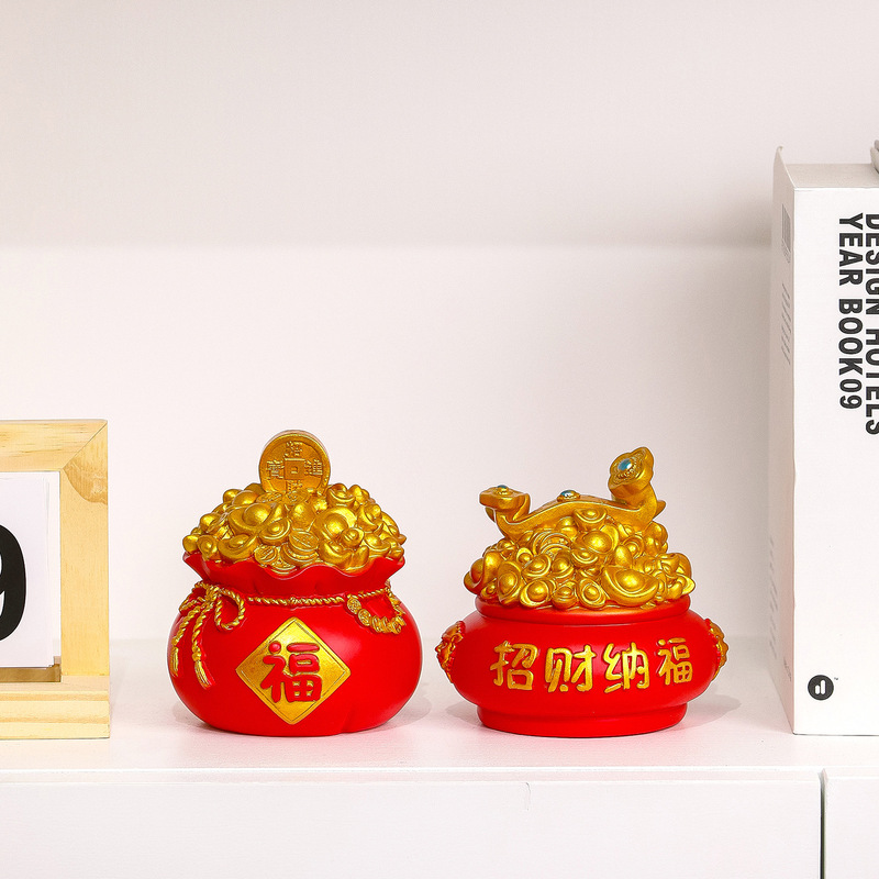 创意国潮福袋存钱罐树脂工艺品家居摆件柿事如意储蓄罐装饰品礼品|undefined