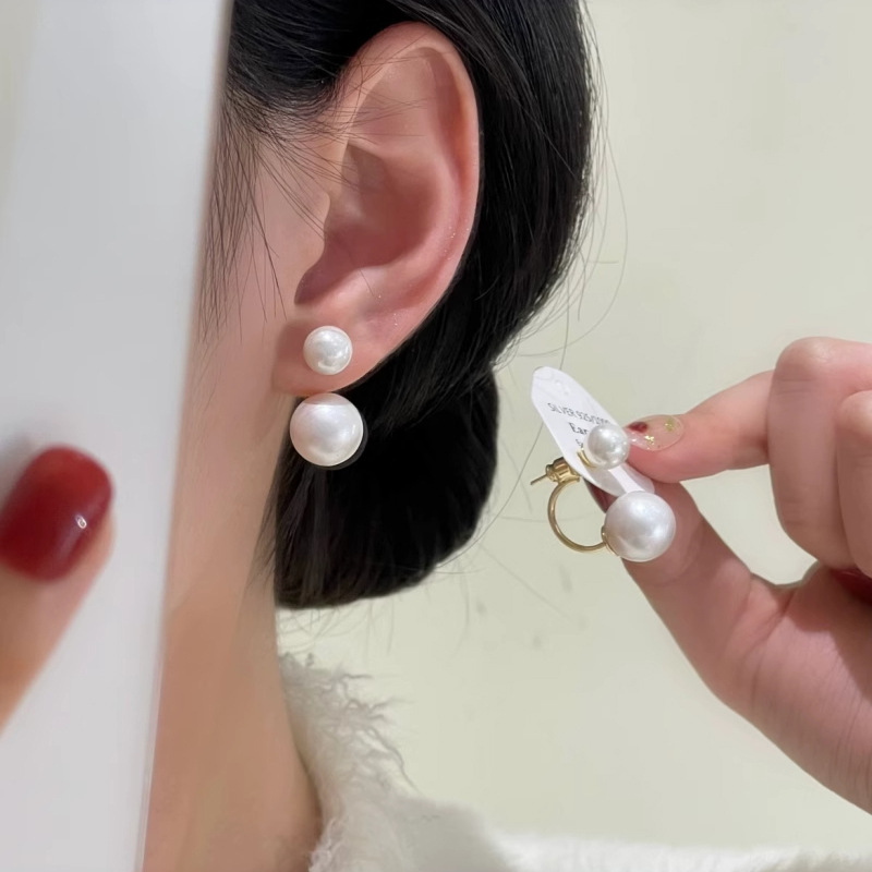 韩国时尚个性前后两戴珍珠白色珍珠耳钉气质耳饰独特设计耳环新款