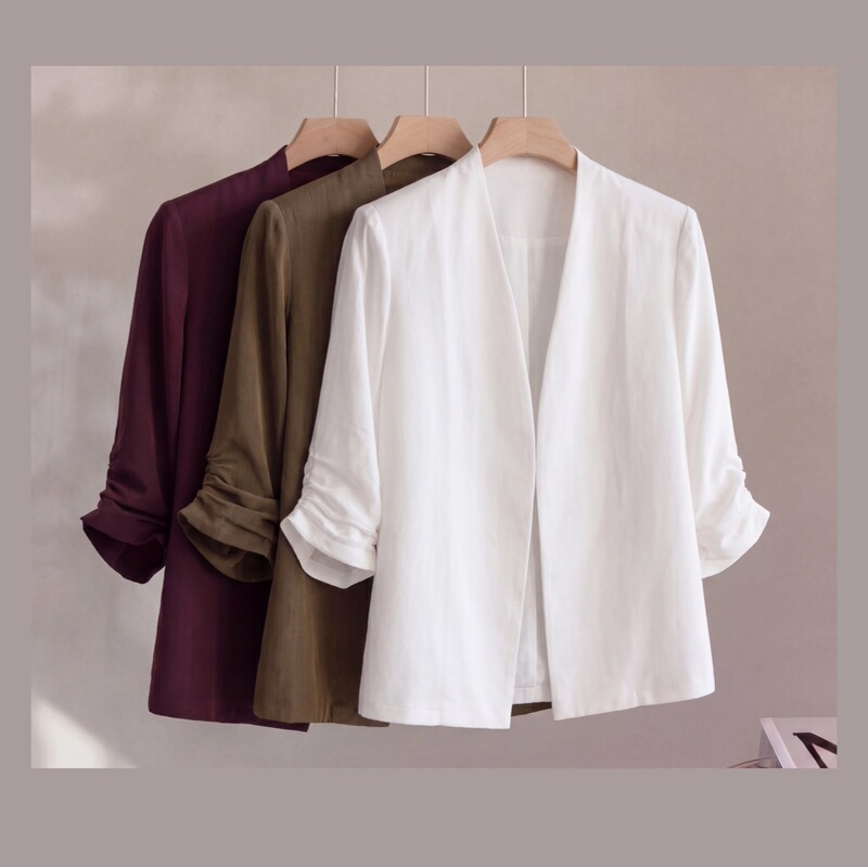 Heavyweight Cupro Silk Collarless Three-Quarter Sleeve Blazer for Women, Summer Dark Purple Textured Thin Suit Jacket