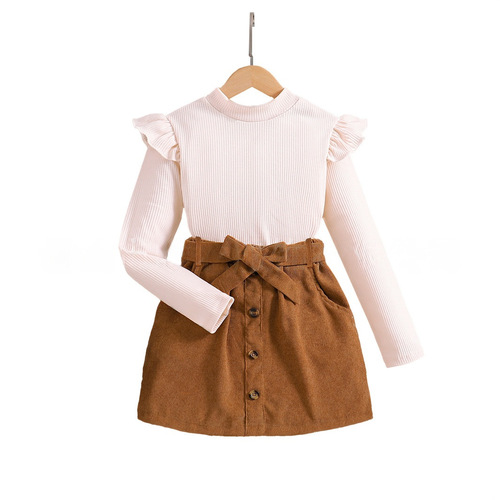 TEMU Spring and Autumn Children's Clothing: Small Flare Sleeve High-Neck Ribbed Long-Sleeved Top + Corduroy Skirt Girls' Suit