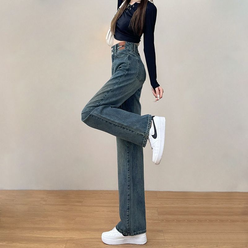复古双排扣牛仔裤女春季新款春秋直筒宽松高腰显瘦拖地阔腿牛仔裤|undefined