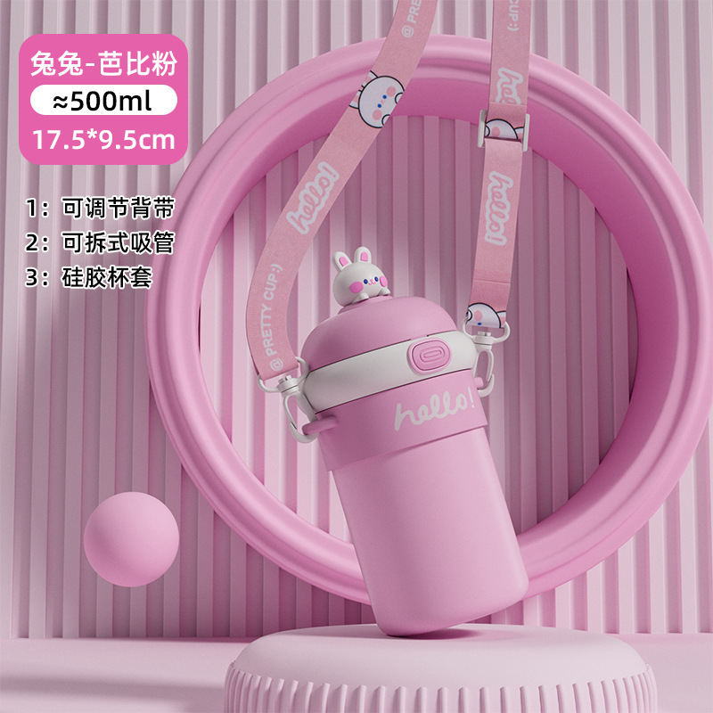 Botón rebote Taza de aislamiento de vidrio de doble capa anti-escaldado Taza de agua Linda etiqueta 3D correa de la Copa de paja taza portátil