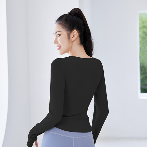 Peach new V-neck long-sleeved sweat-absorbent breathable running sports top waist-cinching three-dimensional slim fitness yoga wear for women