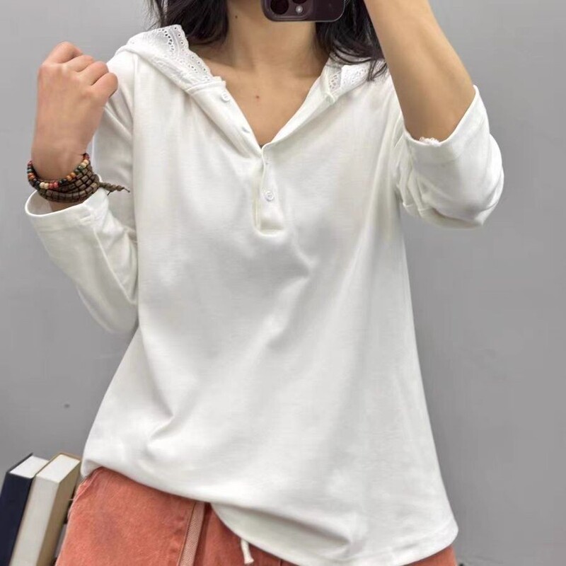 European Goods 2025 Spring New Lace Splicing Hooded Top Long-Sleeved Large Size Western Style Shirt Women's t Versatile T-Shirt Trend