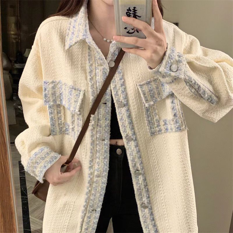 French Chanel style stitching lapel coat for women Spring and Autumn New loose fashion high-grade small long sleeve jacket
