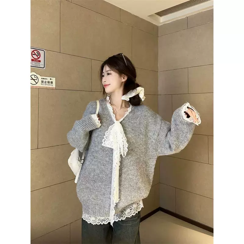Лоскутное кружевное длинное свитер knitted цветной, французский стиль, стиль высокого качества, свободный крой, средней длины