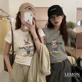 THE LEMON柠檬绿茶韩系卡通印花白色短袖T恤女夏装圆领短款上衣