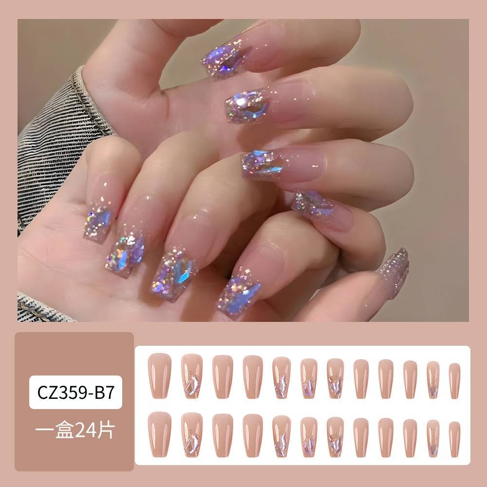 Polvo desnudo de oro brillante fantasma de diamante púrpura manicure exquisita sensación de alto nivel de desgaste de uñas 24 piezas empaquetadas parches de uñas terminados
