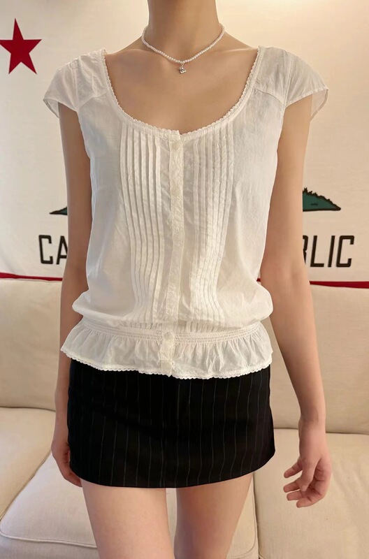 Bm Style White Lace Collar Single-Breasted Waist Short-Sleeved Shirt Top for Women Bm New Pure Lust Style Short-Sleeved Bm Style White Lace Collar Single-Breasted Waist Short-Sleeved Shirt Top for Women Bm New Pure Lust Style Short-Sleeved