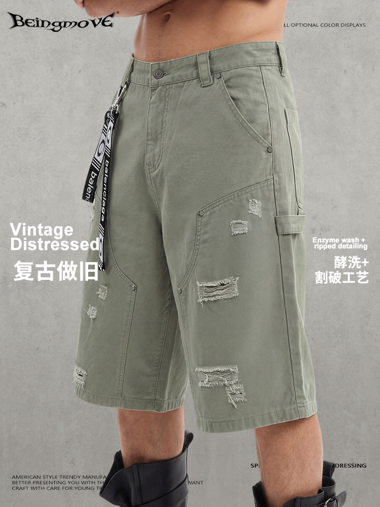Calle secada| 2026 verano americano callejera alta pantalones retro lavado con agua para hacer viejos agujeros pantalones cortos de hombre