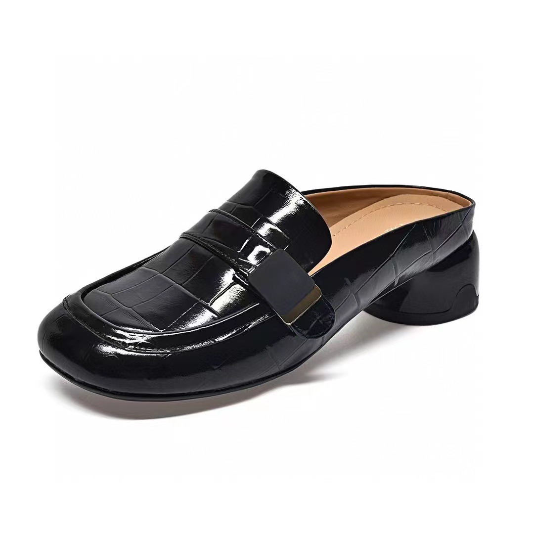 Sandal nữ quai ngang gót vuông da thật, gót thấp 3 cm, đế mềm, phong cách thanh lịch — đen