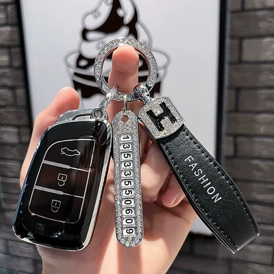 E30/A30 shell buckle, Car key bag - fengshen-type-a-smart-3-key-single-shell-black-black-h-leather-rope-diamond-buckle-silver-number-plate