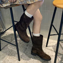 韩版手工烟筒靴女2025秋冬新款真皮靴子中筒靴复古直筒骑士靴单靴