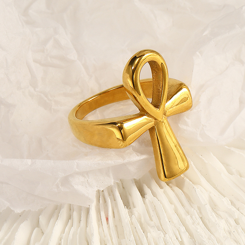 1 Piece Quantity Holiday, Daily Occasion 304 Stainless Steel Material Cross Pattern Real Gold Plated Cross 304 Stainless Steel Streetwear Waterproof Non Tarnish Rings