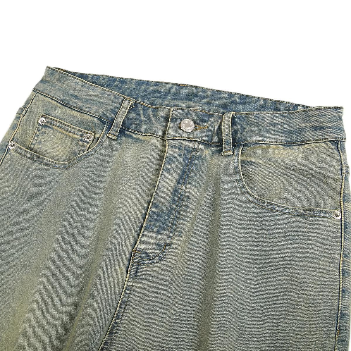Men's High Elasticity Yellow Mud Dyed Straight Leg Jeans Loose Fitting Trendy Casual Retro Slimming Extra Long Pants_mkmklike.com