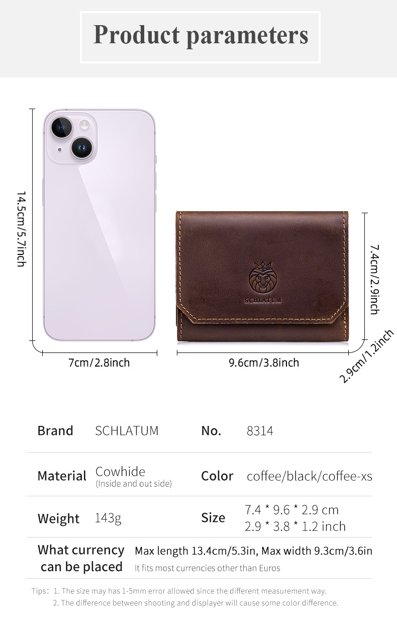 Ví nam gập mini da bò thật chống trộm RFID ba khúc — Đỏ nâu, Đen, Cà phê - Ngựa điên chi tiết 20