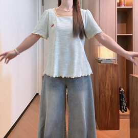 300斤大码女装夏季木耳边设计短袖T恤女宽松遮肚显瘦甜美上衣