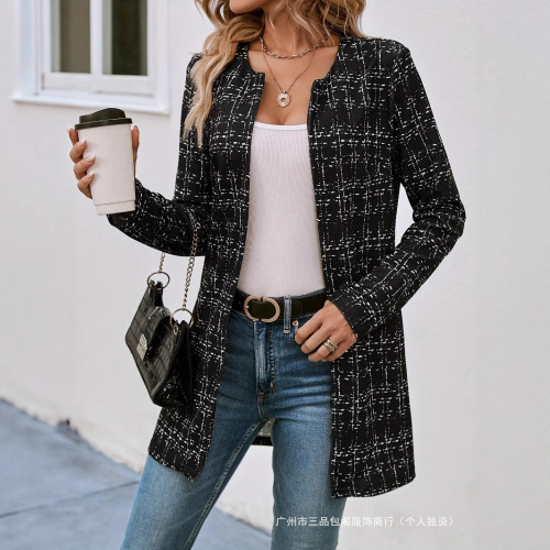 Ladies' Casual Elegant Plaid Crew Neck Cardigan for Spring and Autumn